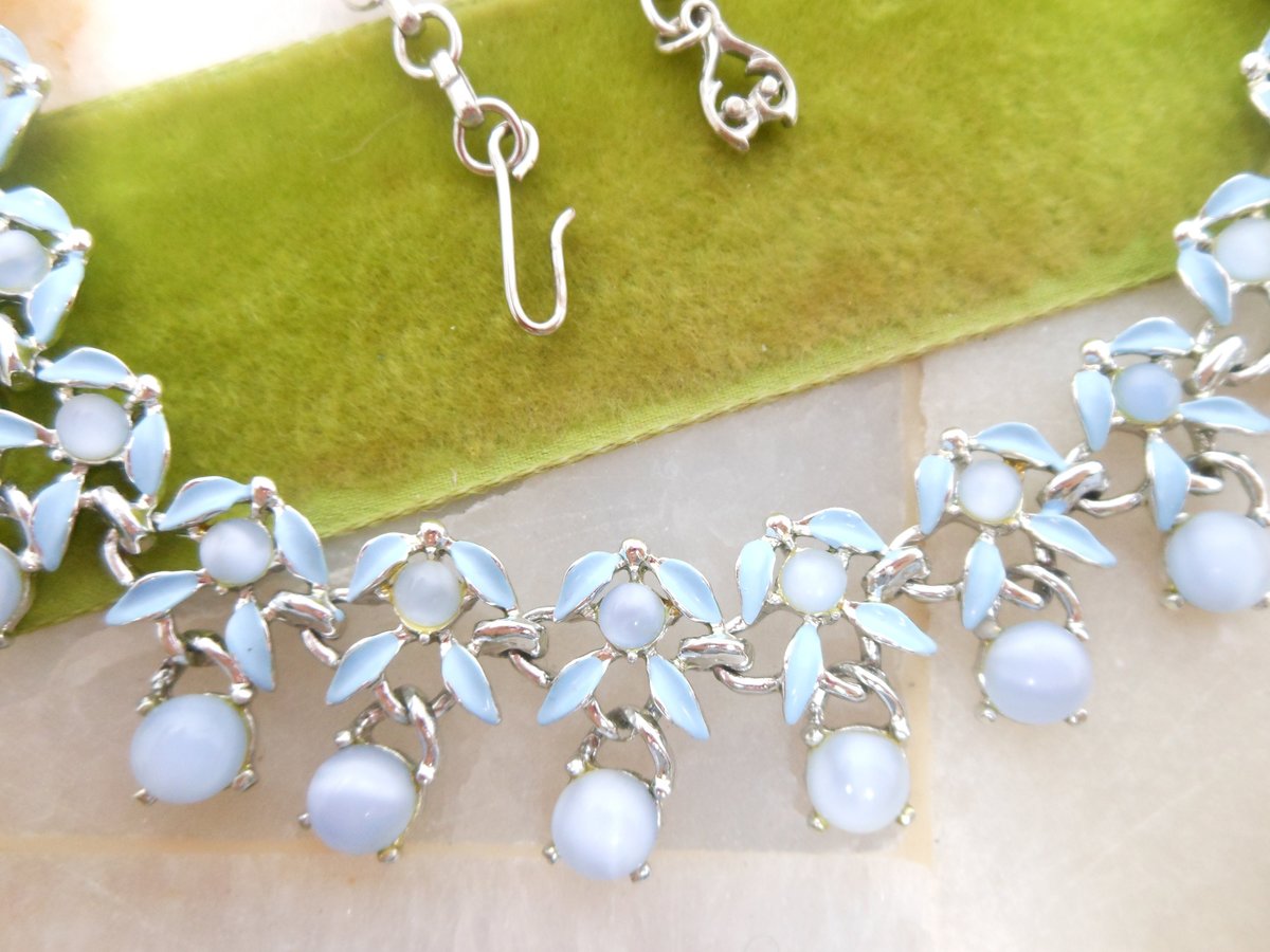 Vintage Blue Necklace Art Glass Enamel Collar Fringe Dangle Pin Up Retro Mod Mid Century Jewelry Gift, VivianJoel.com