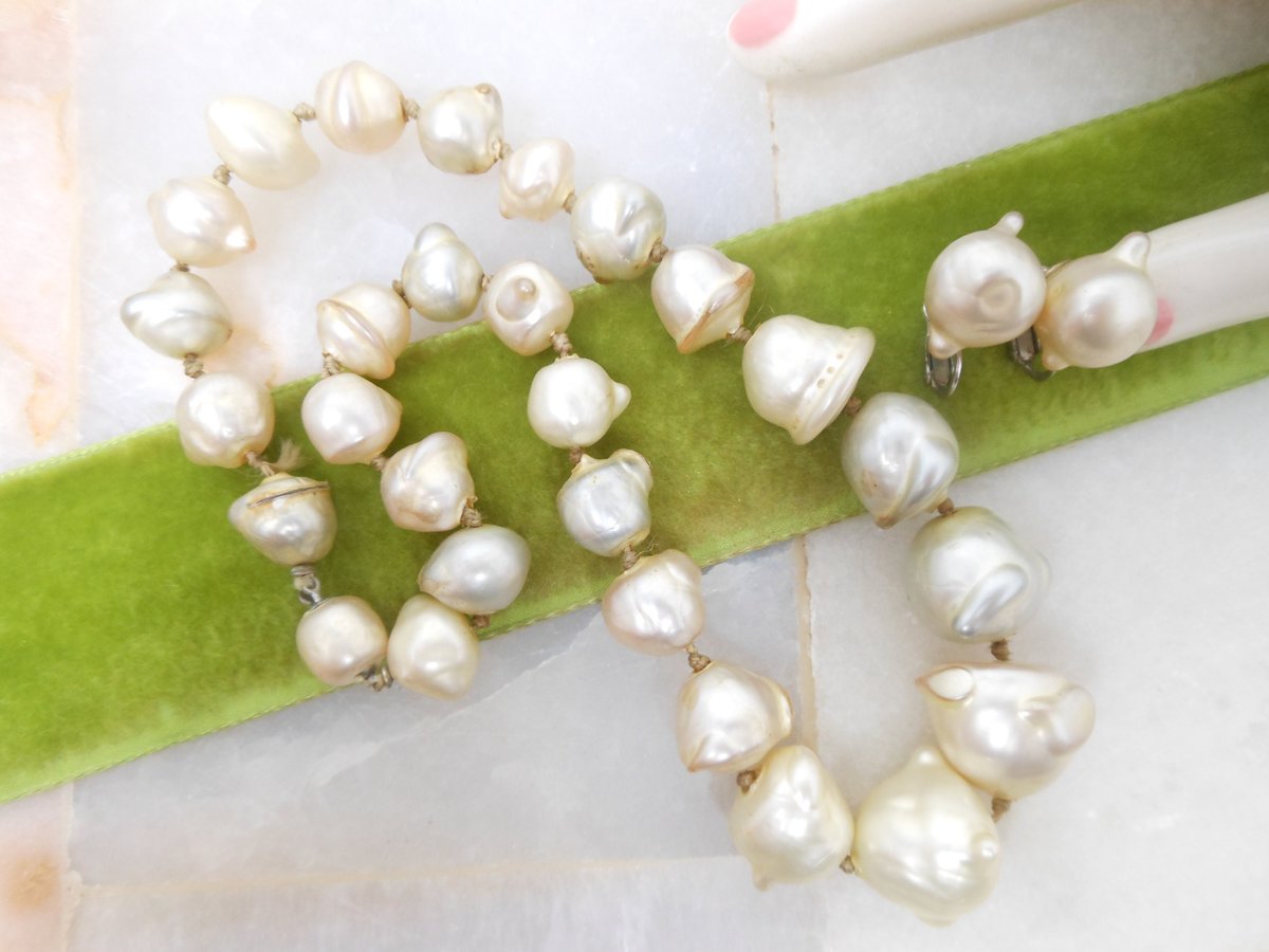 Vintage VOGUE Baroque Necklace Earrings Set Glass Lampwork Pearl Bead Designer Handknotted Mid Century Art Deco *AS IS*, VivianJoel.com