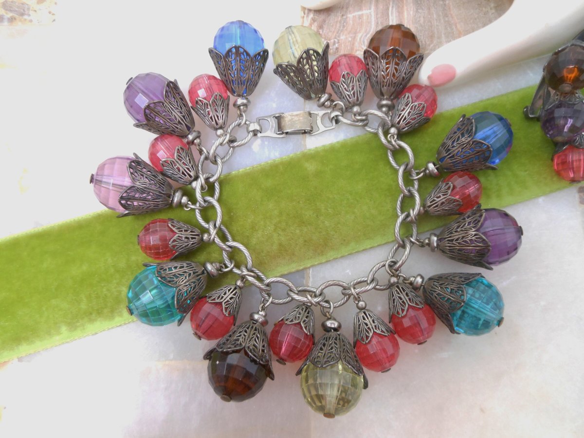 Vintage NAPIER Pat Pend 21 Charm Bracelet Earrings Set Chain Link Chunky Lantern Bauble Designer Mid Century Jewelry, VivianJoel.com