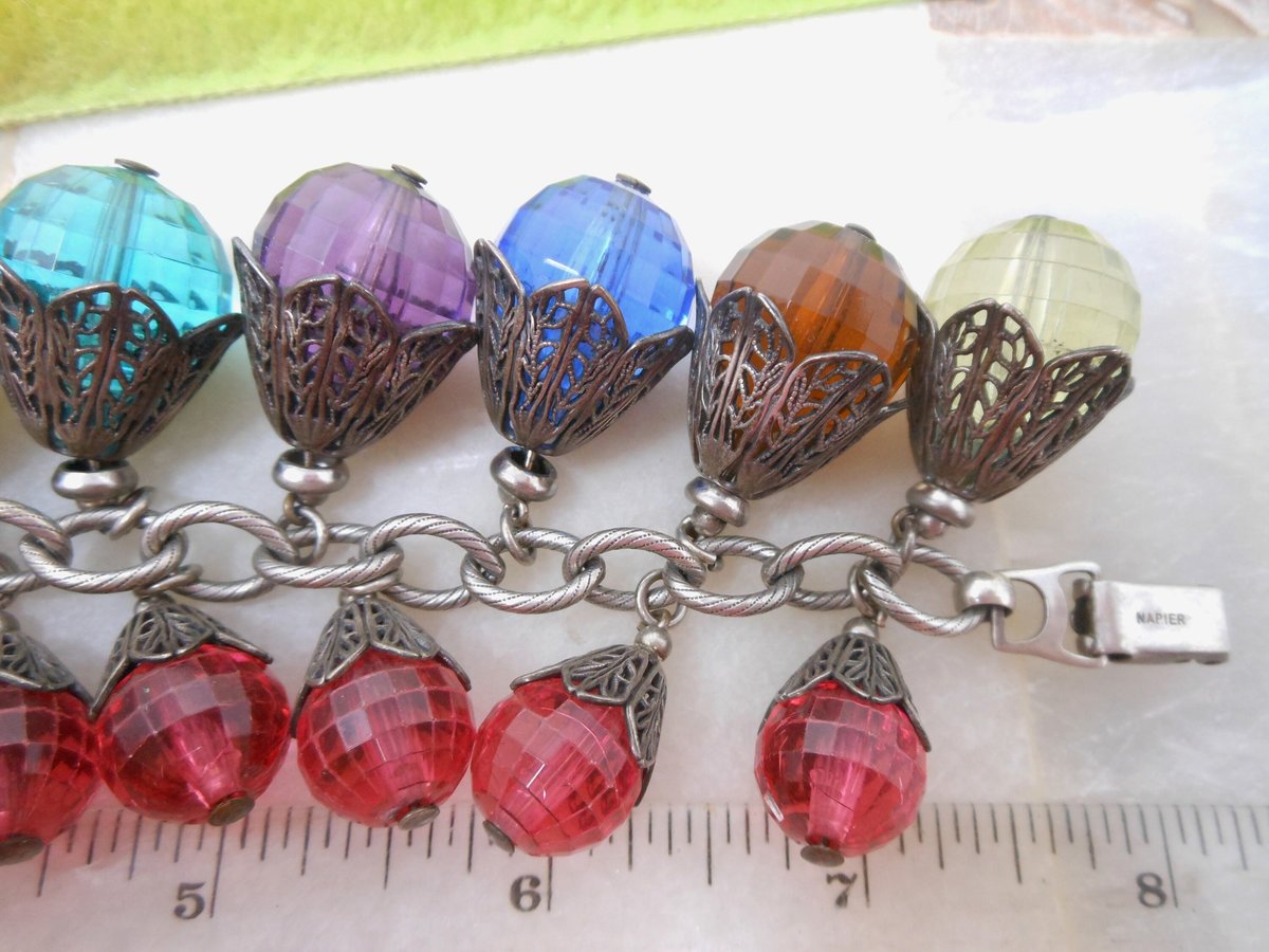 Vintage NAPIER Pat Pend 21 Charm Bracelet Earrings Set Chain Link Chunky Lantern Bauble Designer Mid Century Jewelry, VivianJoel.com