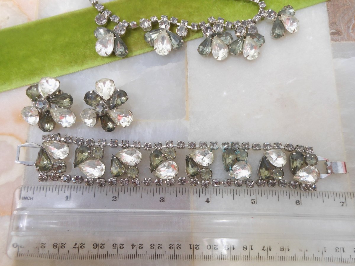 Vintage Rhinestone Parure Necklace Bracelet Earrings Set Smoky Gray Old Hollywood Glam Mid Century Jewelry *as is*, VivianJoel.com