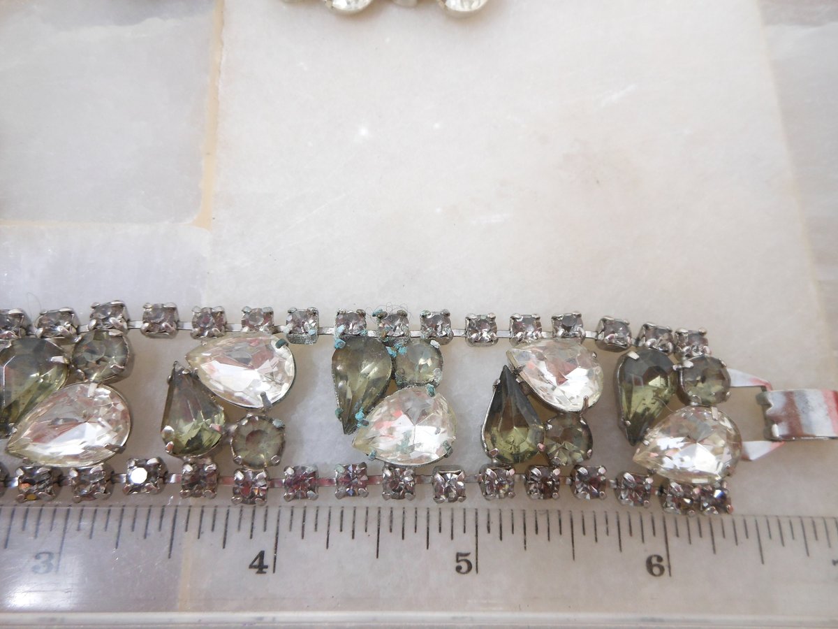 Vintage Rhinestone Parure Necklace Bracelet Earrings Set Smoky Gray Old Hollywood Glam Mid Century Jewelry *as is*, VivianJoel.com