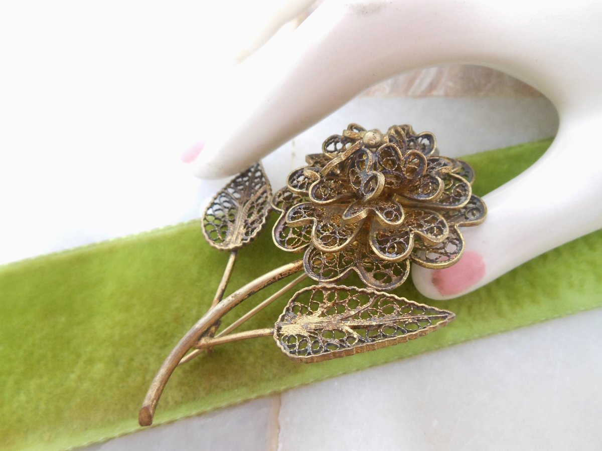 Vintage Filigree Flower Brooch CU Designer Pin Gold Vermiel Renaissance Victorian Revival Mid Century Jewelry, VivianJoel.com