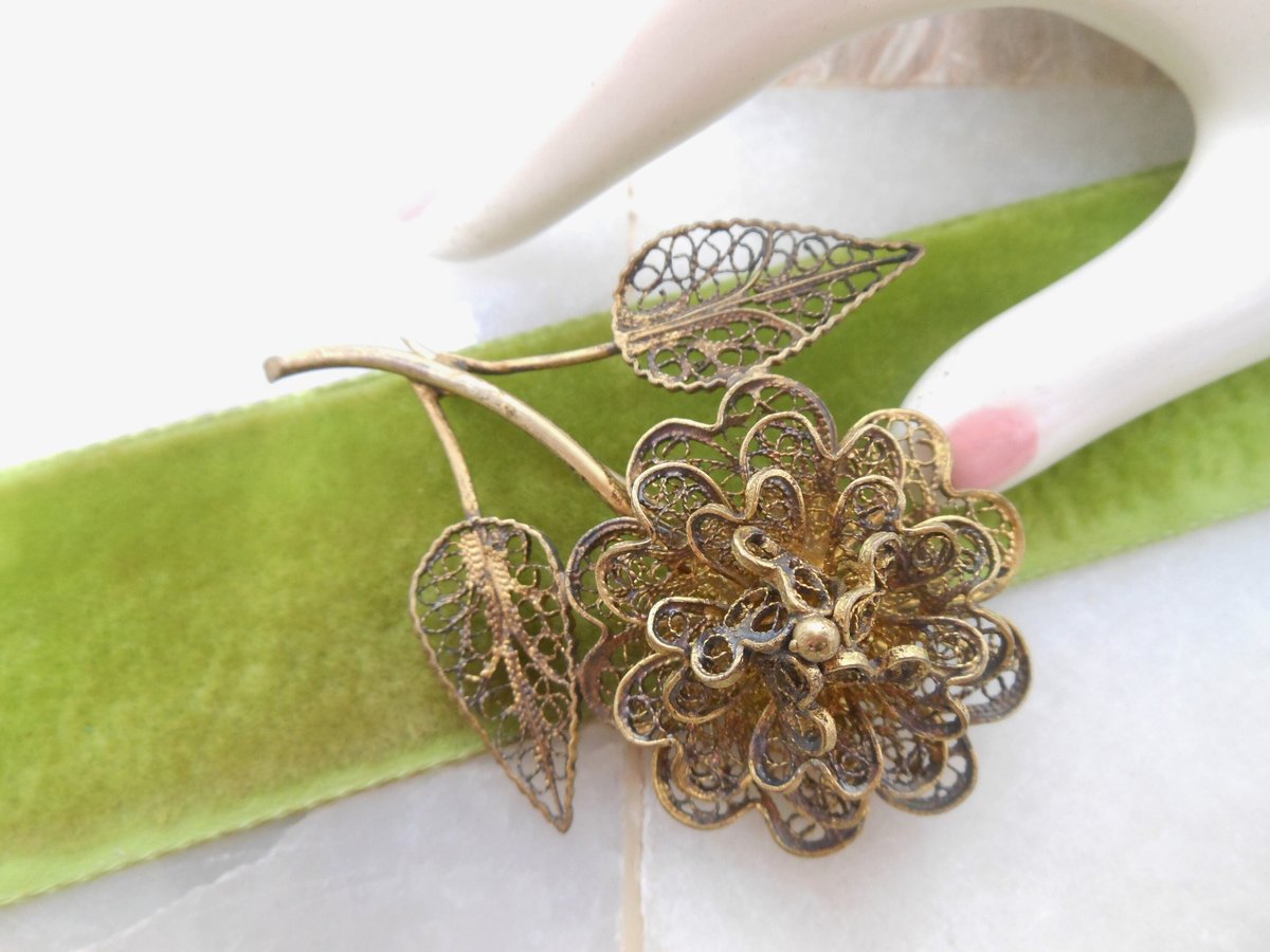 Vintage Filigree Flower Brooch CU Designer Pin Gold Vermiel Renaissance Victorian Revival Mid Century Jewelry, VivianJoel.com