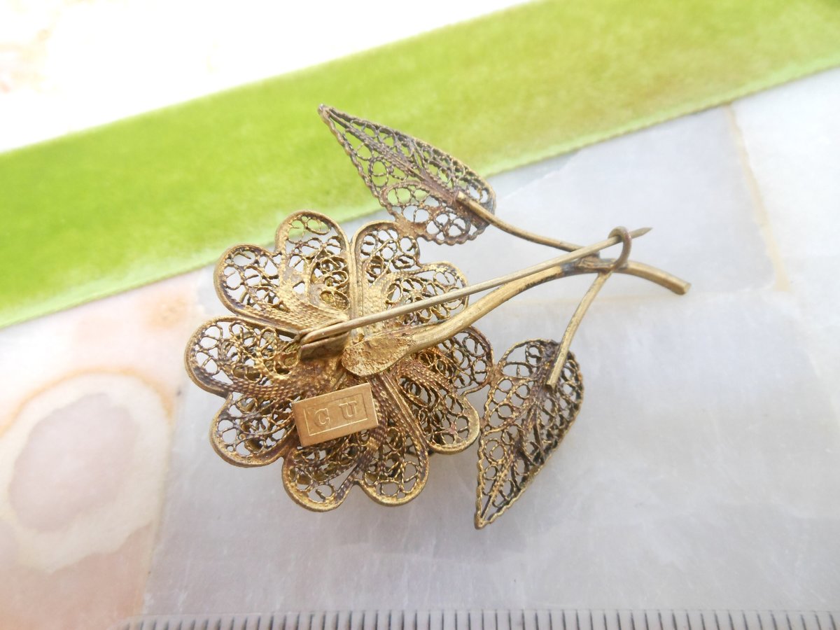 Vintage Filigree Flower Brooch CU Designer Pin Gold Vermiel Renaissance Victorian Revival Mid Century Jewelry, VivianJoel.com
