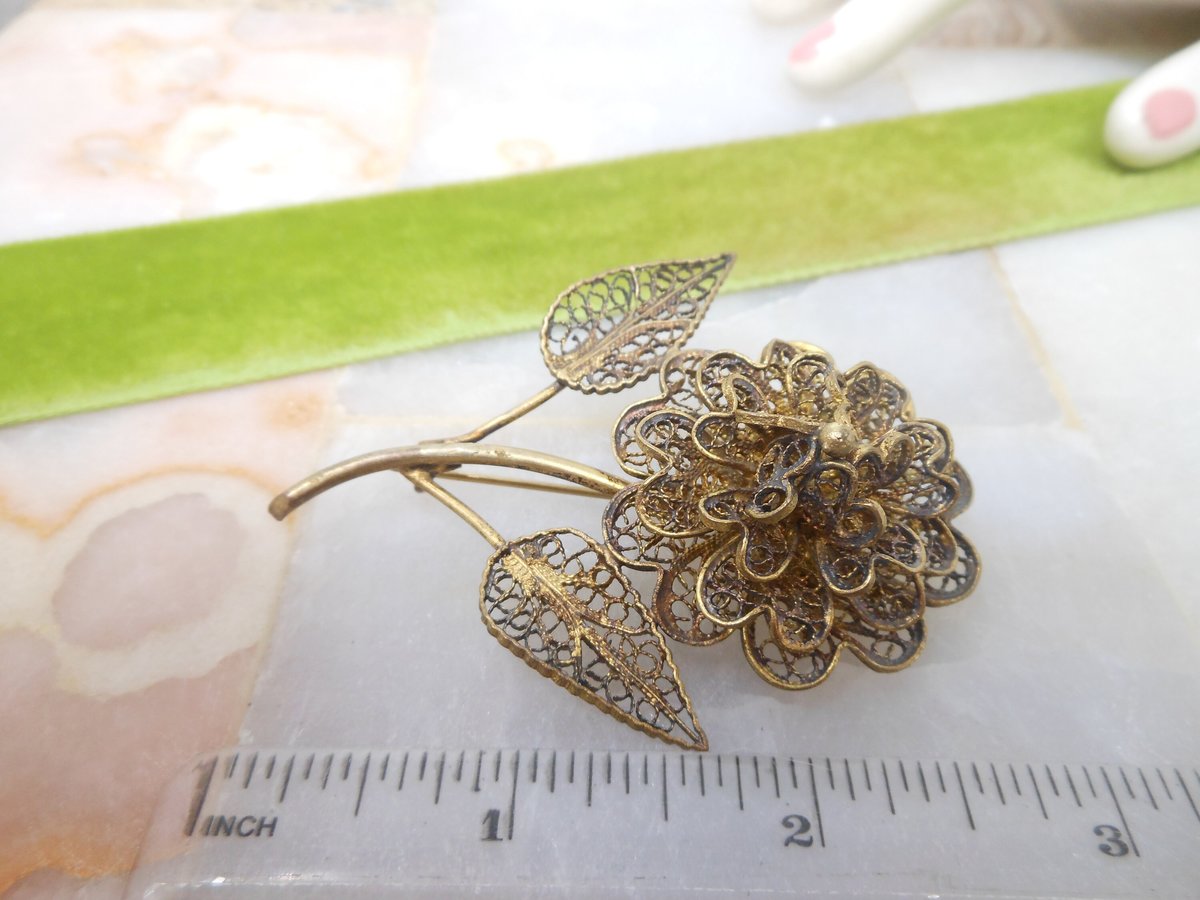 Vintage Filigree Flower Brooch CU Designer Pin Gold Vermiel Renaissance Victorian Revival Mid Century Jewelry, VivianJoel.com