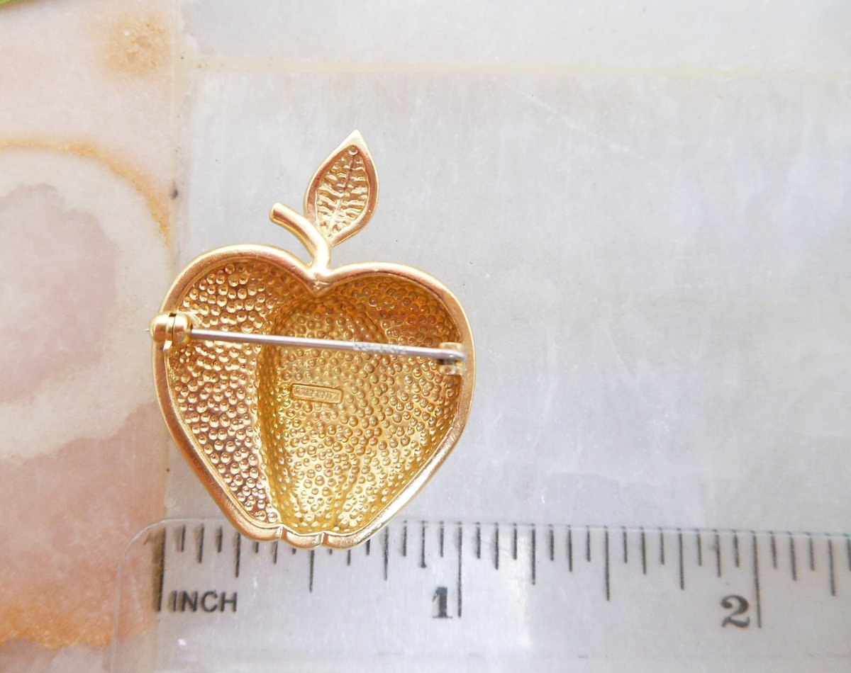 Vintage KREMENTZ Apple Pin Designer Brooch Crystal Rhinestone Gold Overlay Petite Jewelry Mid Century Gift, VivianJoel.com