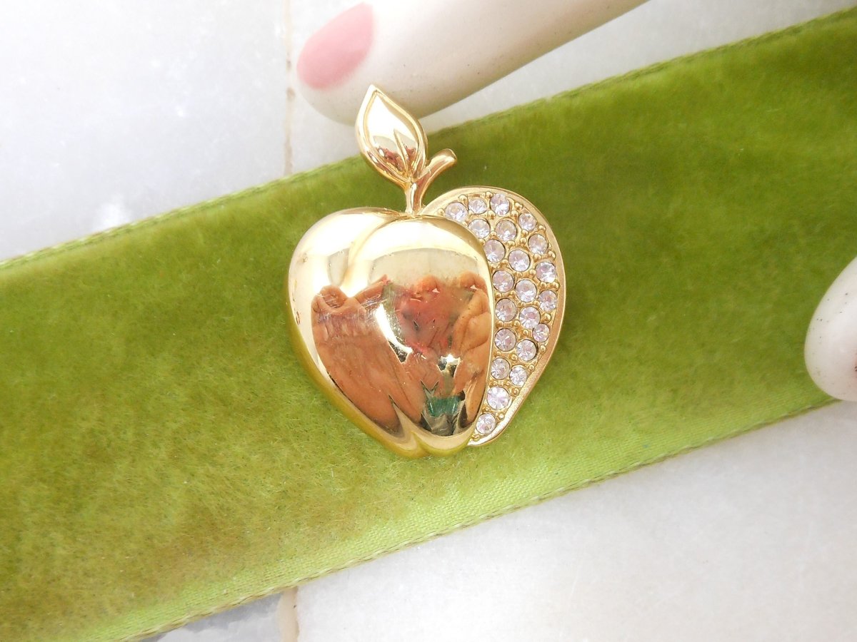 Vintage KREMENTZ Apple Pin Designer Brooch Crystal Rhinestone Gold Overlay Petite Jewelry Mid Century Gift, VivianJoel.com