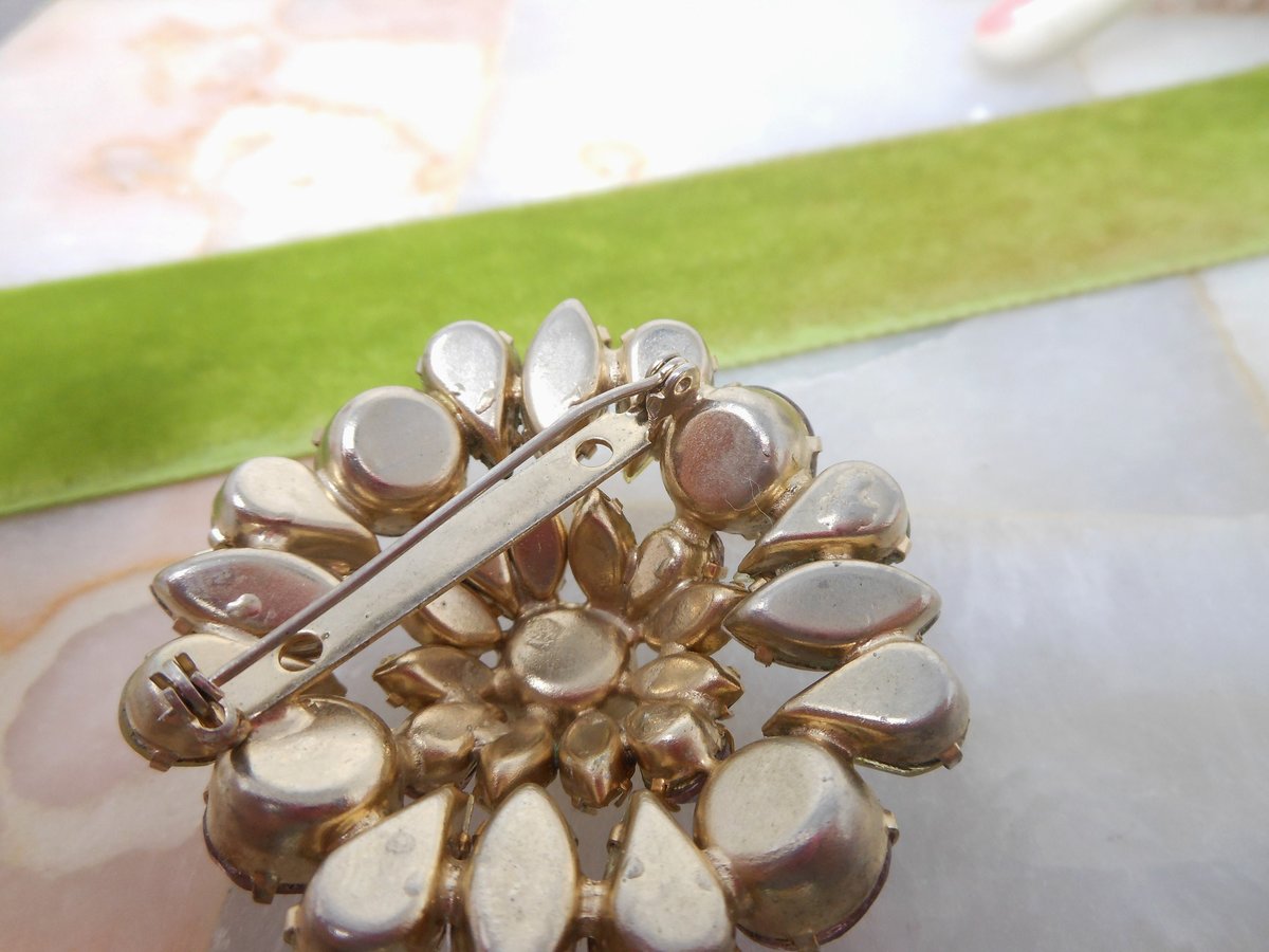 Vintage Starburst Brooch Lilac Citrine Rhinestone Domed Crystal Pin Regency Renaissance Revival Mid Century Gift Jewelry, VivianJoel.com