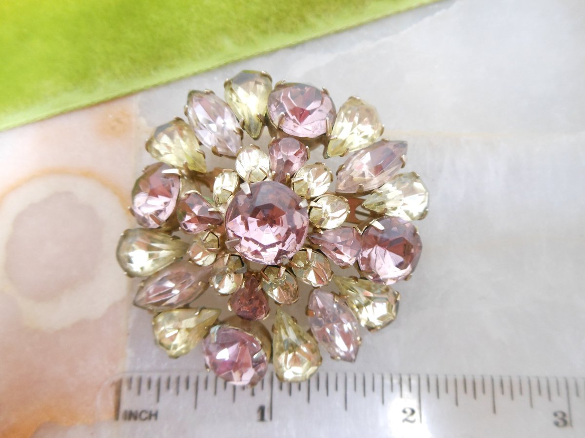 Vintage Starburst Brooch Lilac Citrine Rhinestone Domed Crystal Pin Regency Renaissance Revival Mid Century Gift Jewelry, VivianJoel.com