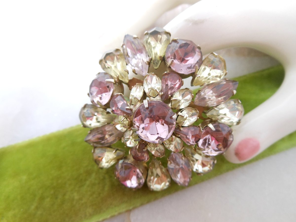 Vintage Starburst Brooch Lilac Citrine Rhinestone Domed Crystal Pin Regency Renaissance Revival Mid Century Gift Jewelry, VivianJoel.com