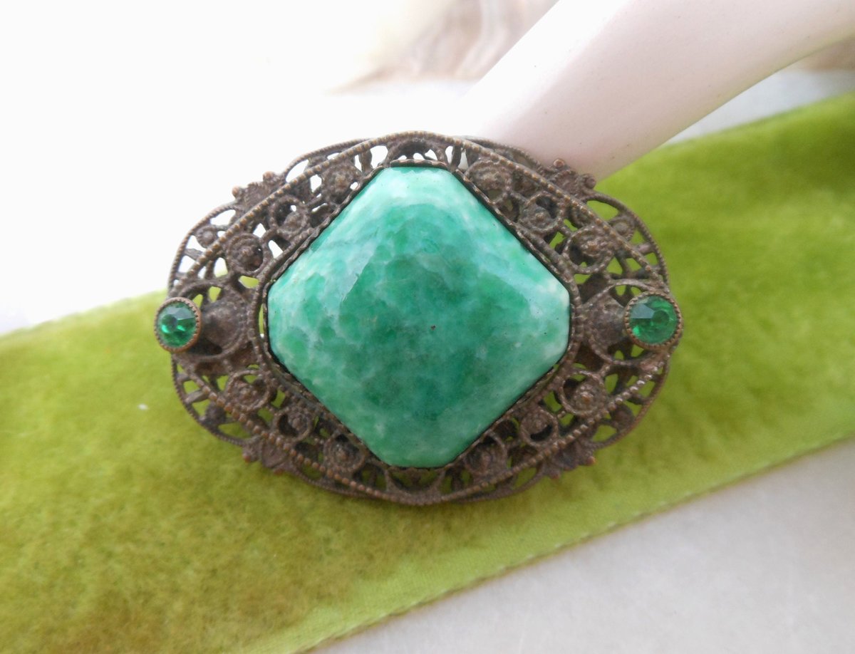 Vintage Green Peking Glass Brooch Ornate Art Nouveau Deco Victorian Mid Century Jewelry Gift, VivianJoel.com