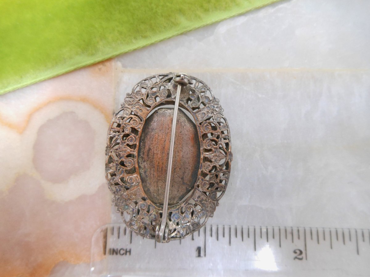 Vintage Green Peking Glass Brooch Ornate Art Nouveau Deco Victorian Mid Century Jewelry Gift, VivianJoel.com