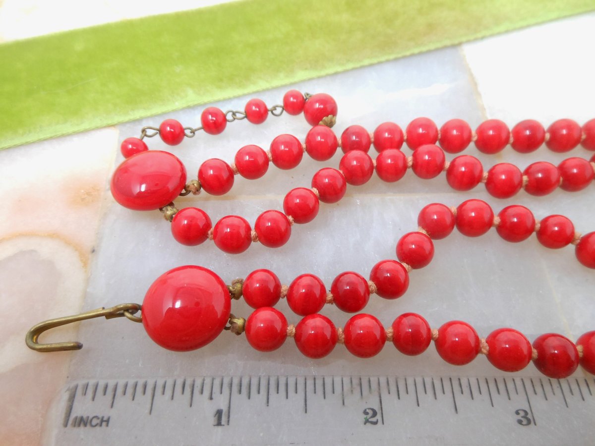 Vintage Red Art Glass Necklace Bead Two Strand Collar Choker Hand Knot Jewelry Festive Holiday Mid Century, VivianJoel.com