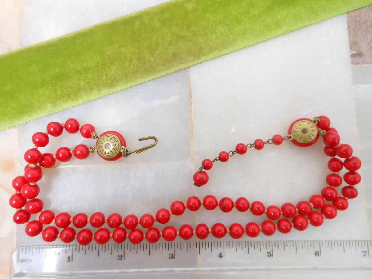 Vintage Red Art Glass Necklace Bead Two Strand Collar Choker Hand Knot Jewelry Festive Holiday Mid Century, VivianJoel.com