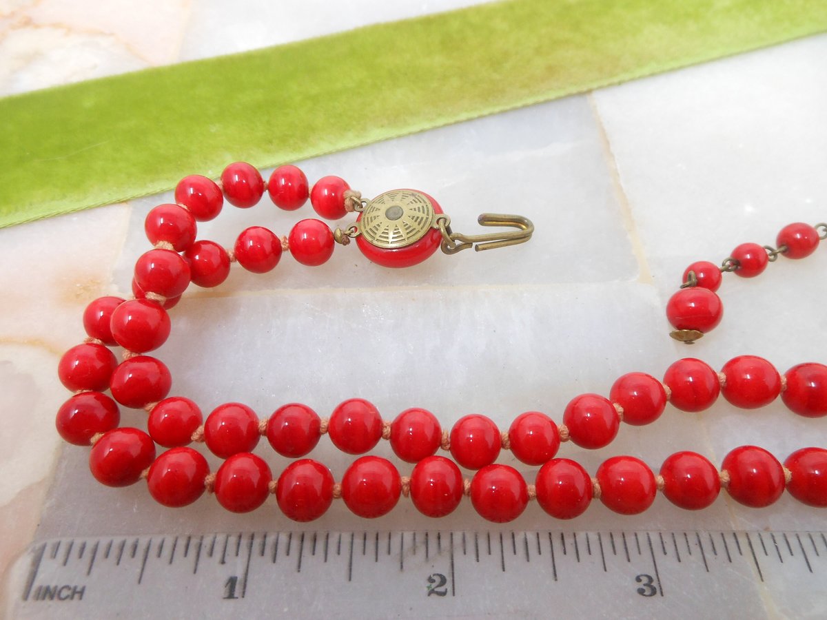 Vintage Red Art Glass Necklace Bead Two Strand Collar Choker Hand Knot Jewelry Festive Holiday Mid Century, VivianJoel.com