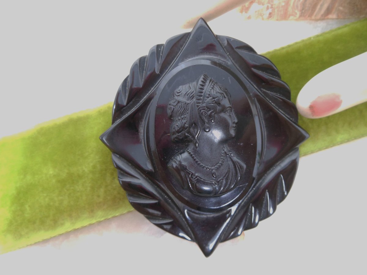 Vintage Black BAKELITE Brooch Carved Cameo Large Pin Art Deco Mourning Victorian Old Plastic ERA Mid Century Jewelry Gift, VivianJoel.com