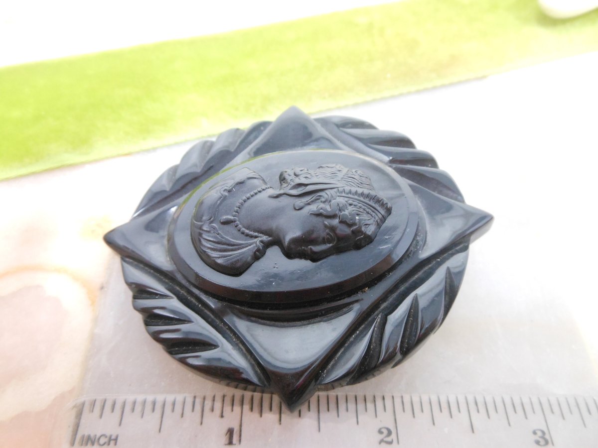 Vintage Black BAKELITE Brooch Carved Cameo Large Pin Art Deco Mourning Victorian Old Plastic ERA Mid Century Jewelry Gift, VivianJoel.com