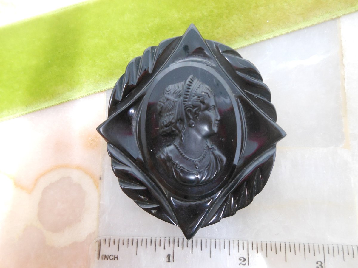 Vintage Black BAKELITE Brooch Carved Cameo Large Pin Art Deco Mourning Victorian Old Plastic ERA Mid Century Jewelry Gift, VivianJoel.com