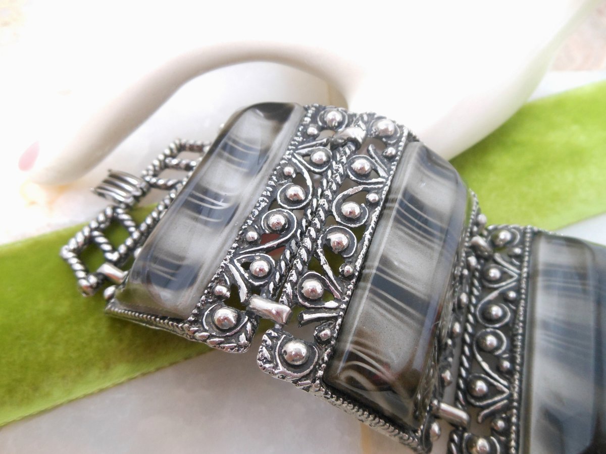 Vintage Chunky Wide Bracelet Ornate Marbelized Black Gray Plastic Lucite Cuff Statement Mid Century Jewelry Gift, VivianJoel.com