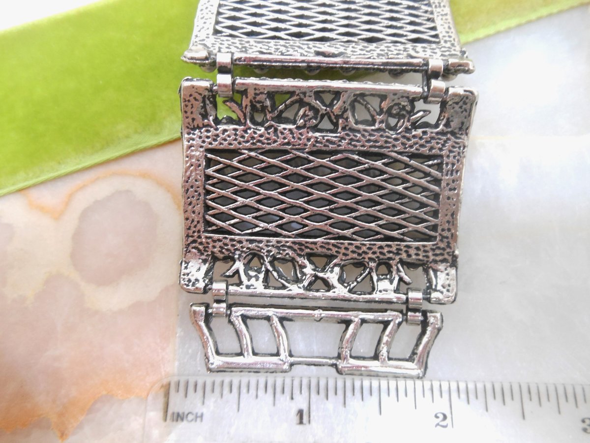 Vintage Chunky Wide Bracelet Ornate Marbelized Black Gray Plastic Lucite Cuff Statement Mid Century Jewelry Gift, VivianJoel.com