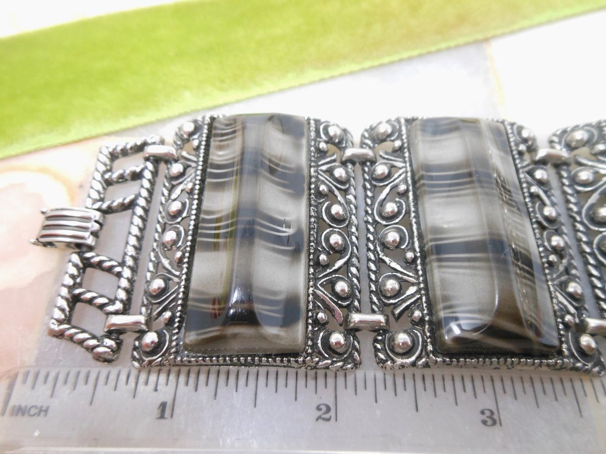 Vintage Chunky Wide Bracelet Ornate Marbelized Black Gray Plastic Lucite Cuff Statement Mid Century Jewelry Gift, VivianJoel.com