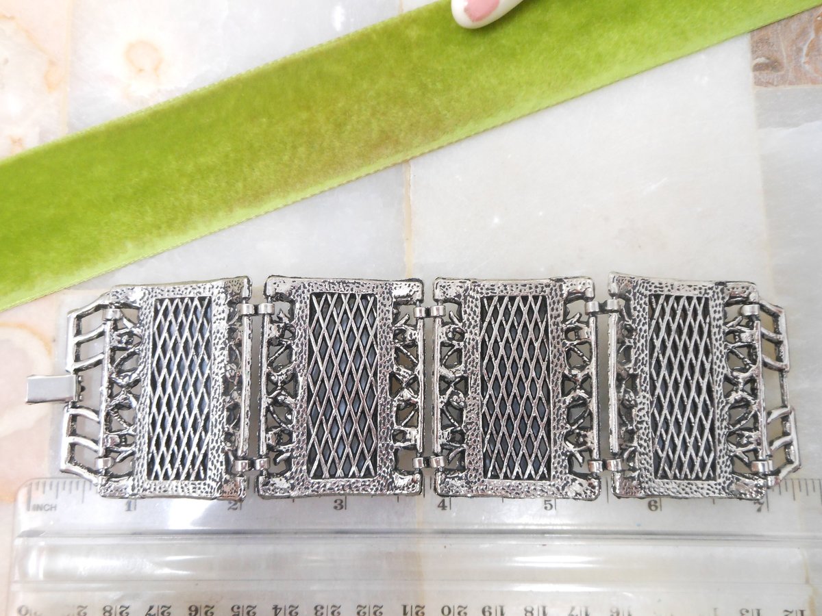 Vintage Chunky Wide Bracelet Ornate Marbelized Black Gray Plastic Lucite Cuff Statement Mid Century Jewelry Gift, VivianJoel.com