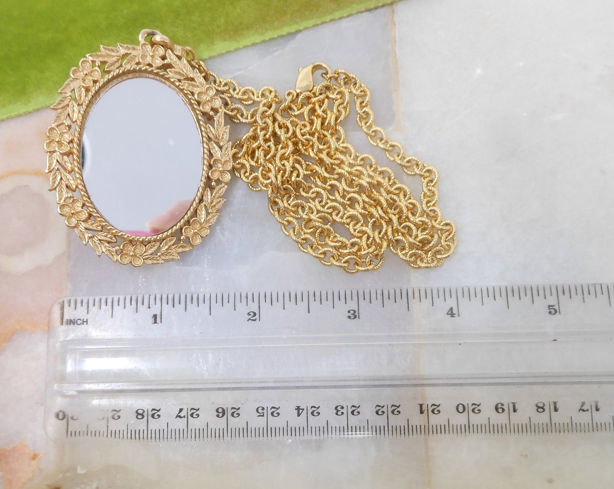 Vintage AVON Rose Flower Mirror Pendant Necklace Ornate Pale Pink Victorian Revival Jewelry Gift Mid Century, VivianJoel.com