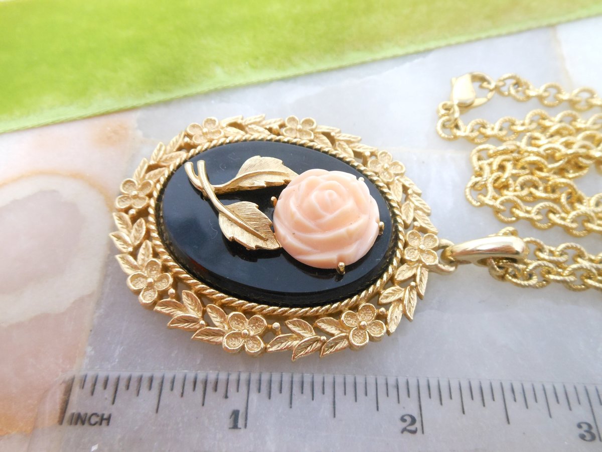 Vintage AVON Rose Flower Mirror Pendant Necklace Ornate Pale Pink Victorian Revival Jewelry Gift Mid Century, VivianJoel.com