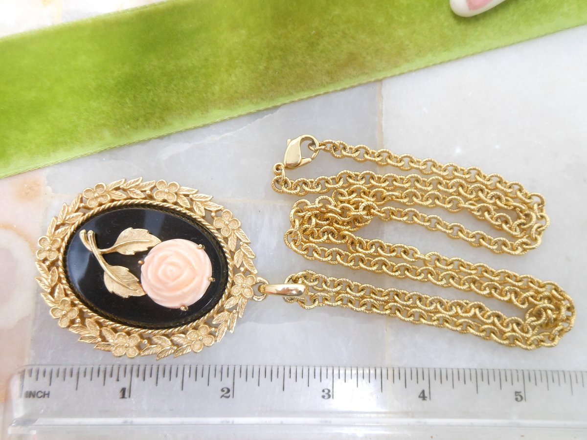 Vintage AVON Rose Flower Mirror Pendant Necklace Ornate Pale Pink Victorian Revival Jewelry Gift Mid Century, VivianJoel.com