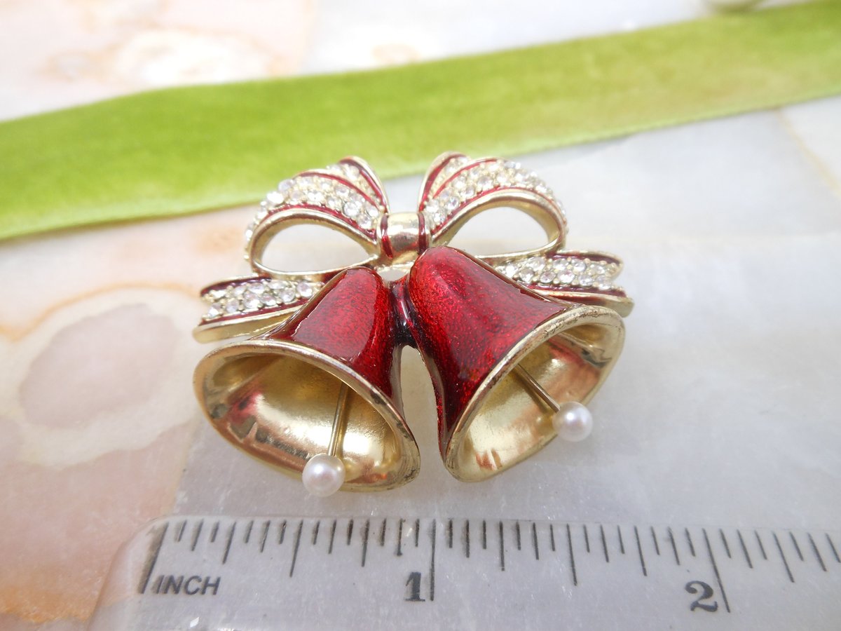 Vintage Christmas Holiday Brooch Enamel Bell Ice Rhinestone Danngle Pearl Bead Jewelry Gift Mid Century,  VivianJoel.com