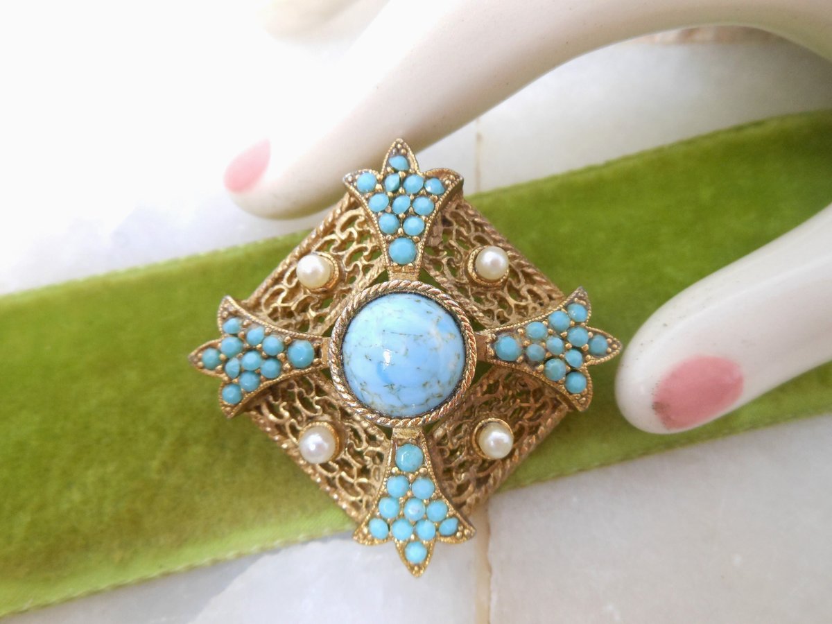 Vintage SPHINX Maltese Cross Brooch Blue Art Glass Pin Faux Pearl Orante Regency Revival Mid Century Jewelry Gift, VivianJoel.com
