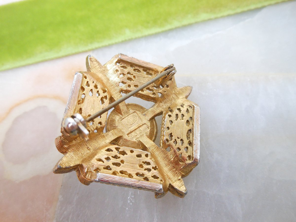 Vintage SPHINX Maltese Cross Brooch Blue Art Glass Pin Faux Pearl Orante Regency Revival Mid Century Jewelry Gift, VivianJoel.com