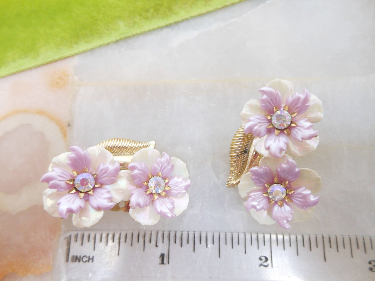 Vintage CORO Flower Earrings Clip On Lilac Purple Plastic AB Rhinestone Designer Jewelry Mid Century, VivianJoel.com