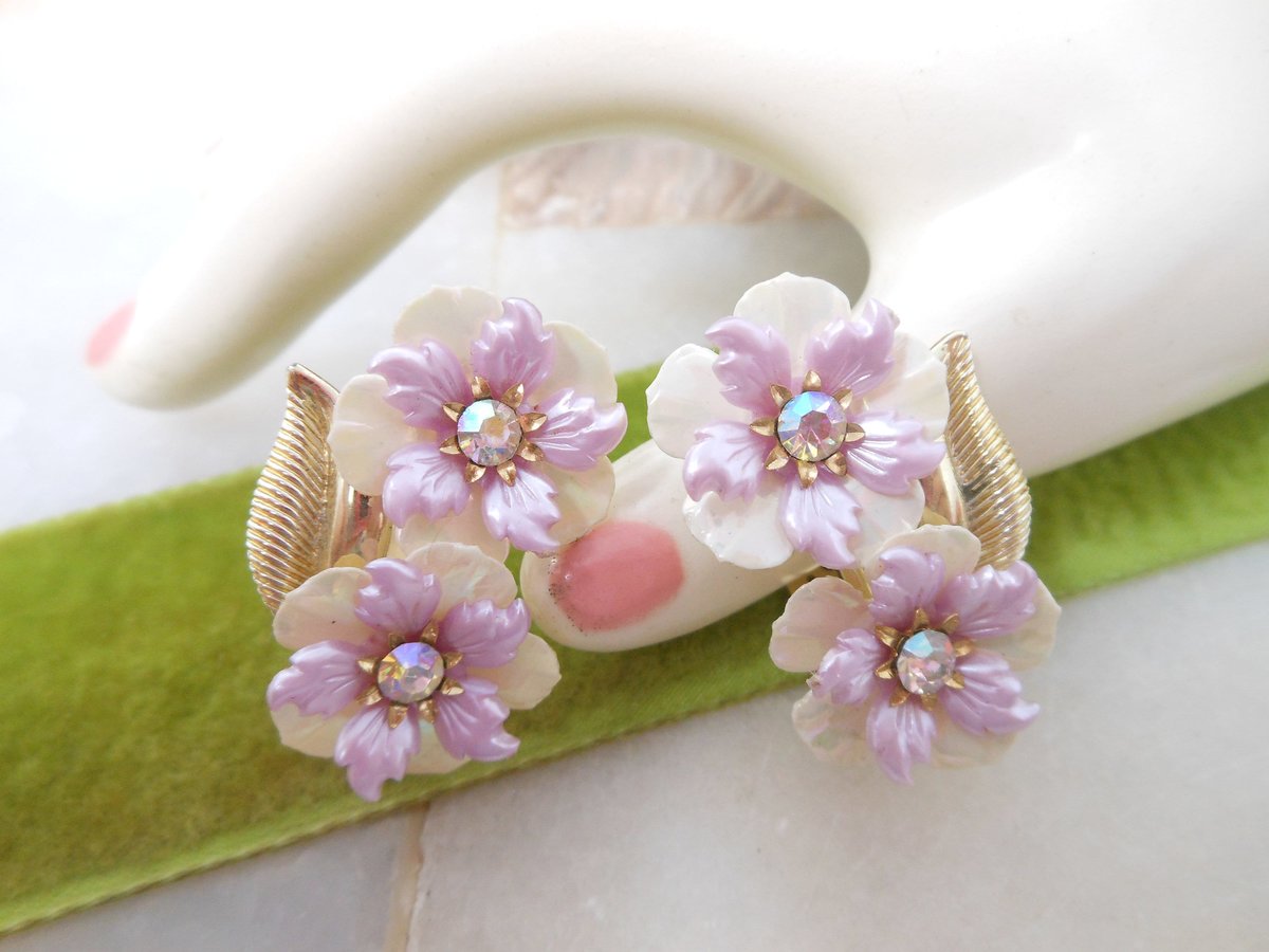 Vintage CORO Flower Earrings Clip On Lilac Purple Plastic AB Rhinestone Designer Jewelry Mid Century, VivianJoel.com