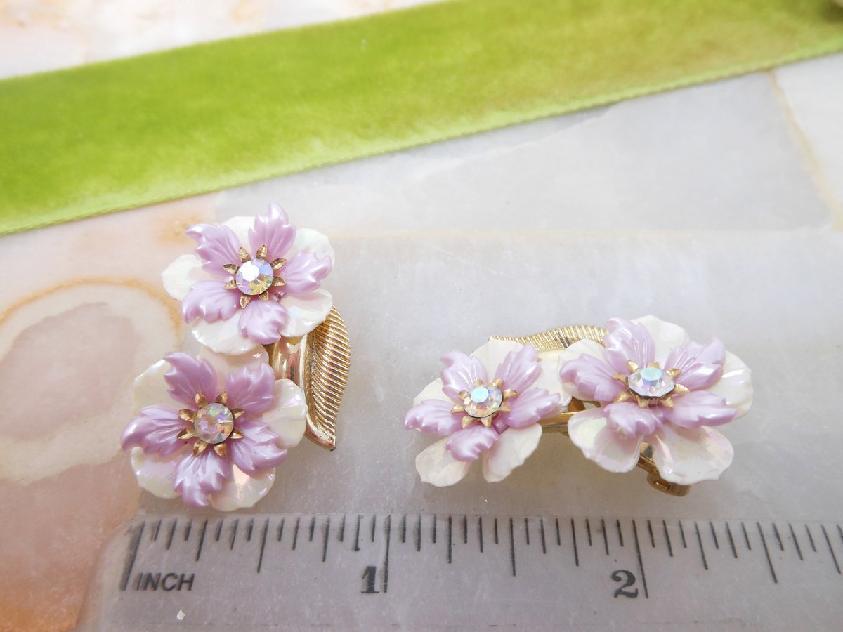 Vintage CORO Flower Earrings Clip On Lilac Purple Plastic AB Rhinestone Designer Jewelry Mid Century, VivianJoel.com