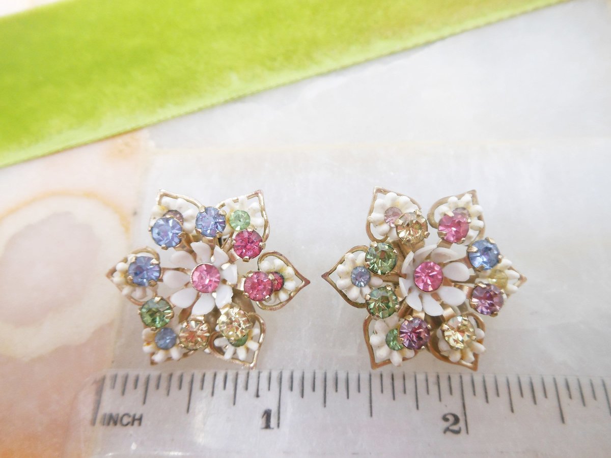 Vintage Plastic Flower Earrings Clip On Pastel Rhinestone Cluster Pink Blue Yellow Retro Kitsch Jewelry Gift Mid Century, VivianJoel.com