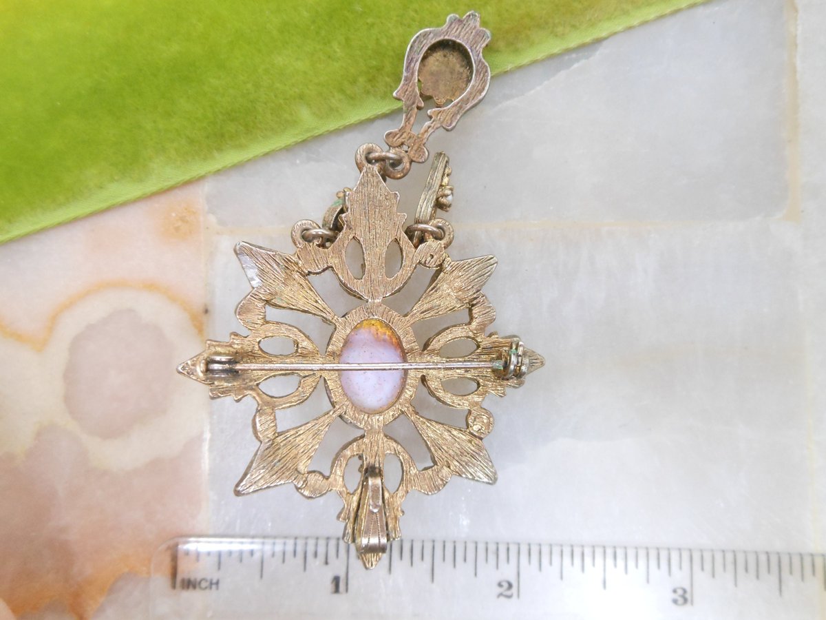 Vintage Opal Art Glass Brooch Dangle Regency Victorian Revival Maltese Cross Medallion Shield Mid Century Jewelry Gift, VivianJoel.com