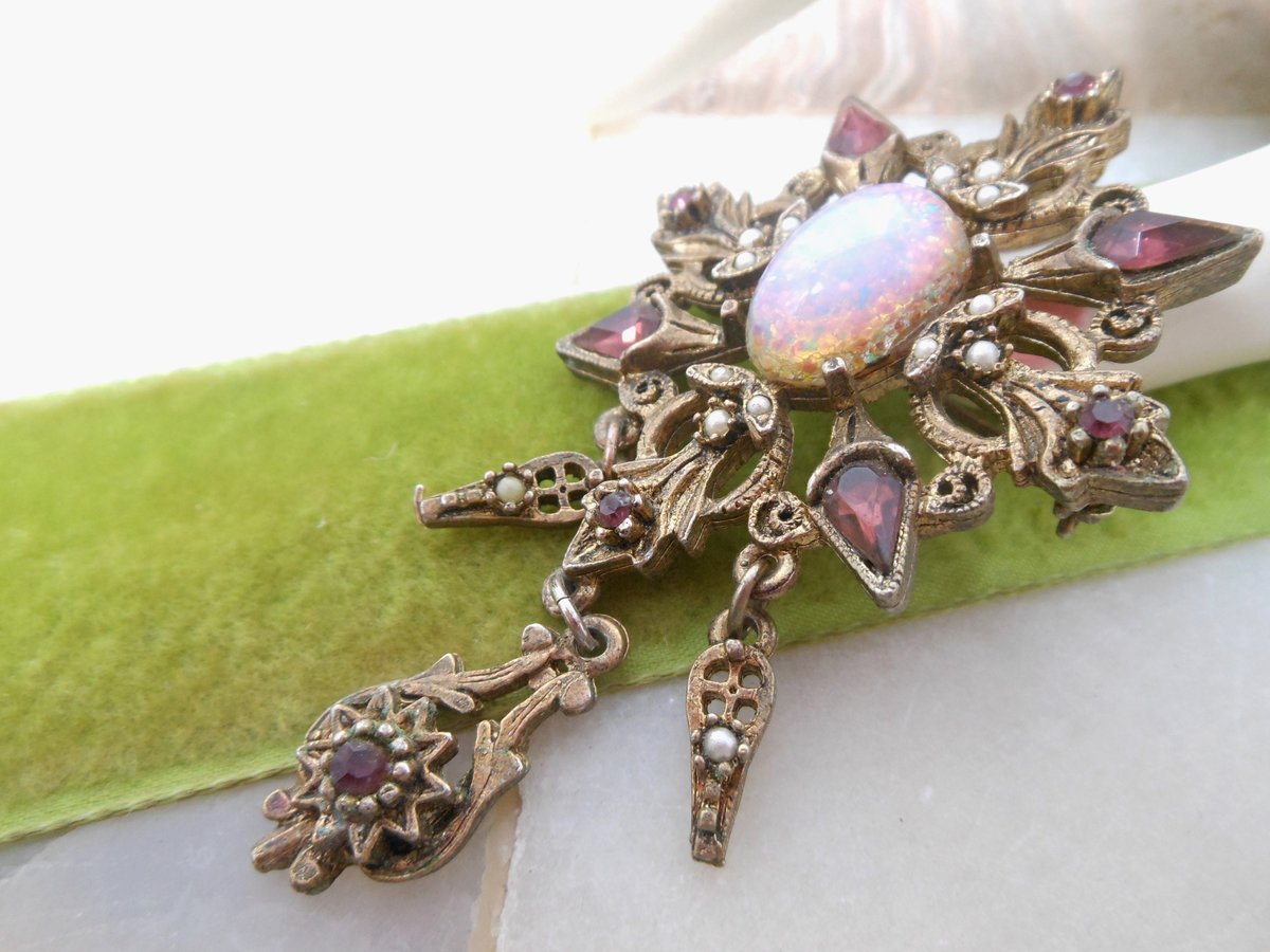 Vintage Opal Art Glass Brooch Dangle Regency Victorian Revival Maltese Cross Medallion Shield Mid Century Jewelry Gift, VivianJoel.com