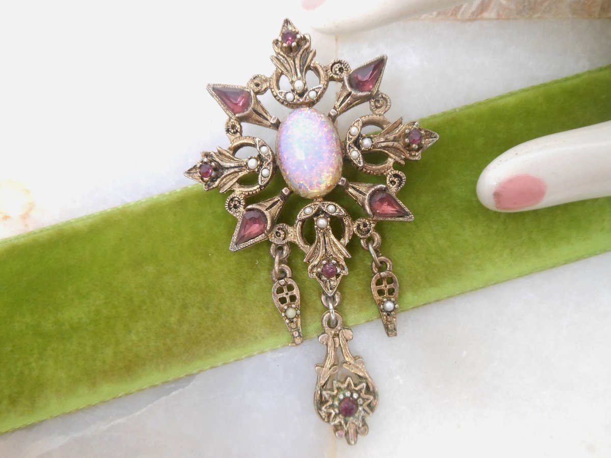 Vintage Opal Art Glass Brooch Dangle Regency Victorian Revival Maltese Cross Medallion Shield Mid Century Jewelry Gift, VivianJoel.com