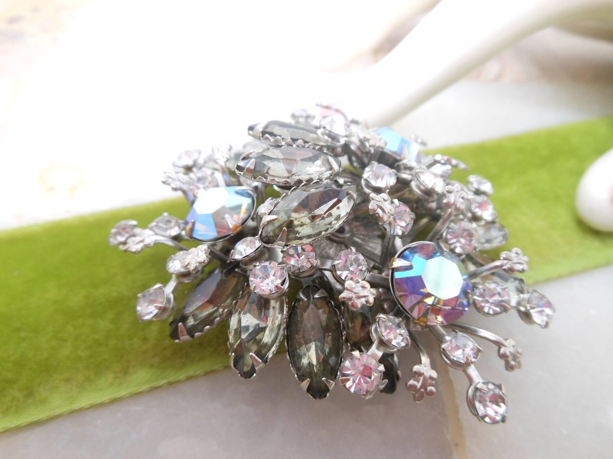 Vintage Jumbo Rhinestone Brooch Cluster Flower Starburst Pin Snowflake Gray Clear Ice AB Mid Century Jewelry Gift, VivianJoel.com