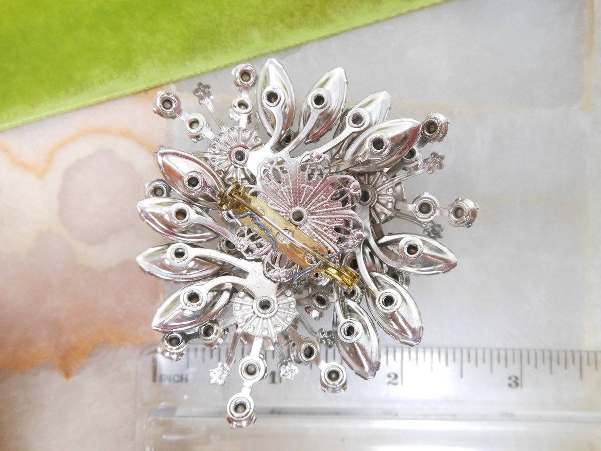 Vintage Jumbo Rhinestone Brooch Cluster Flower Starburst Pin Snowflake Gray Clear Ice AB Mid Century Jewelry Gift, VivianJoel.com