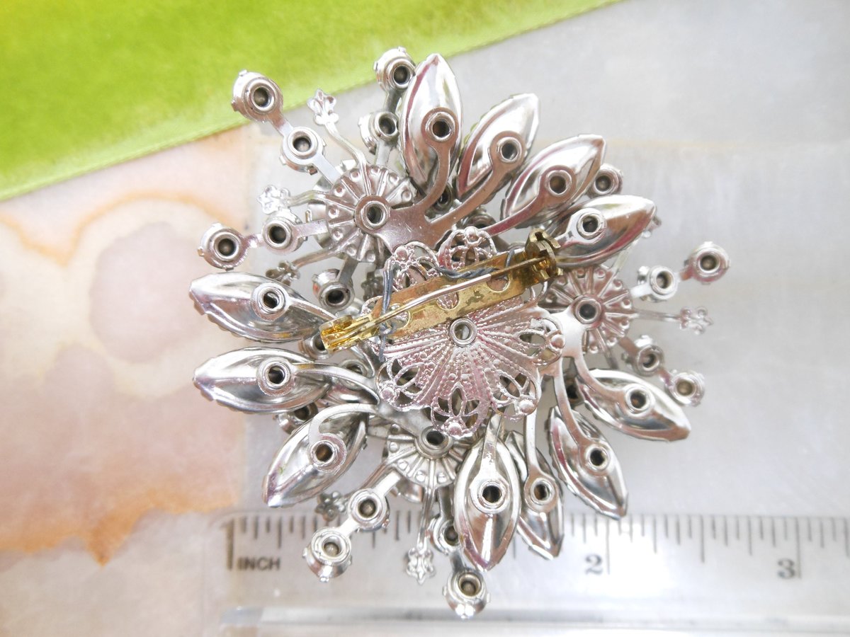 Vintage Jumbo Rhinestone Brooch Cluster Flower Starburst Pin Snowflake Gray Clear Ice AB Mid Century Jewelry Gift, VivianJoel.com