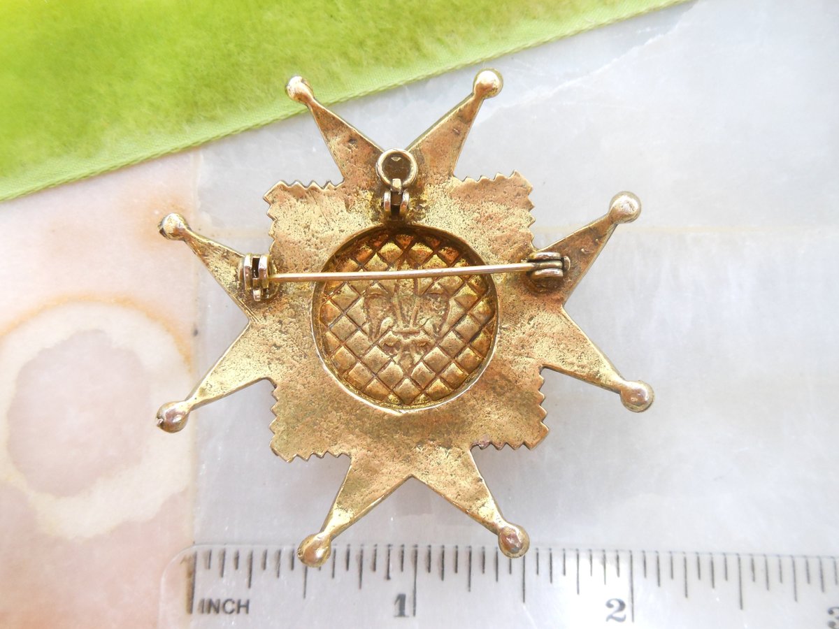 Vintage Maltese Cross Brooch Heraldic Shield Pin Pendant Enamel Fleur De Lis Revival Coat of Arms Mid Century Jewelry, VivianJoel.com