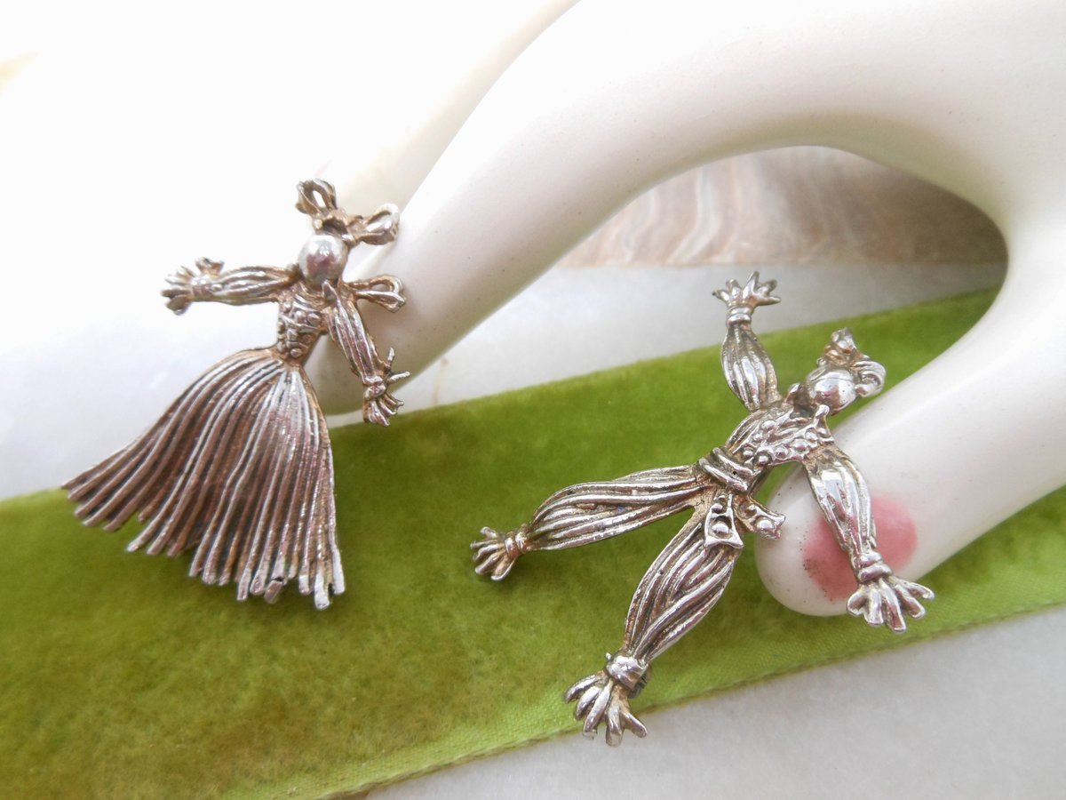Vintage STERLING SILVER Rag Doll Pair Brooch Set Nennete Rintintin WW1 Pin Good Luck Talisman Figural Mid Century Jewelry, VivianJoel.com