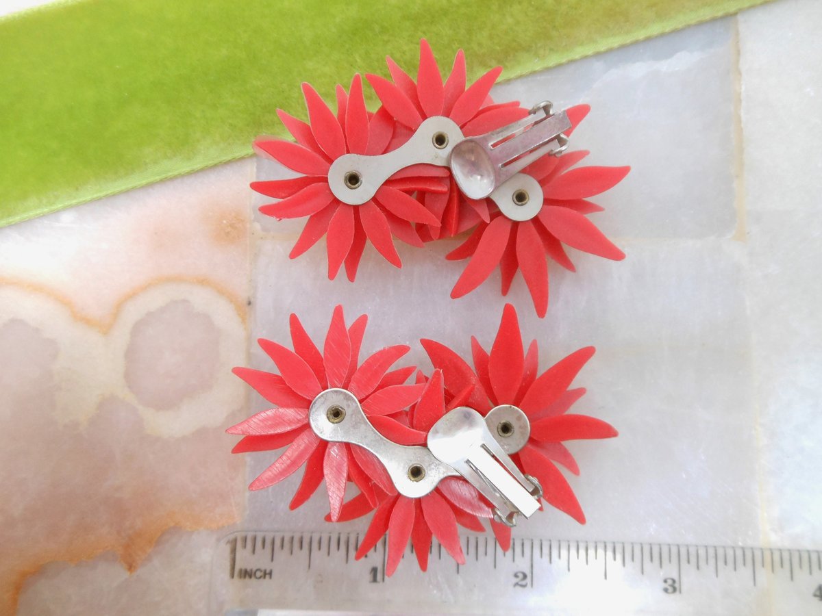 Vintage Red Celluloid Earrings Plastic Ear Climbers Clip On Rhinestone Kitsch Retro Pin Up Jewelry Gift Mid Century, VivianJoel.com