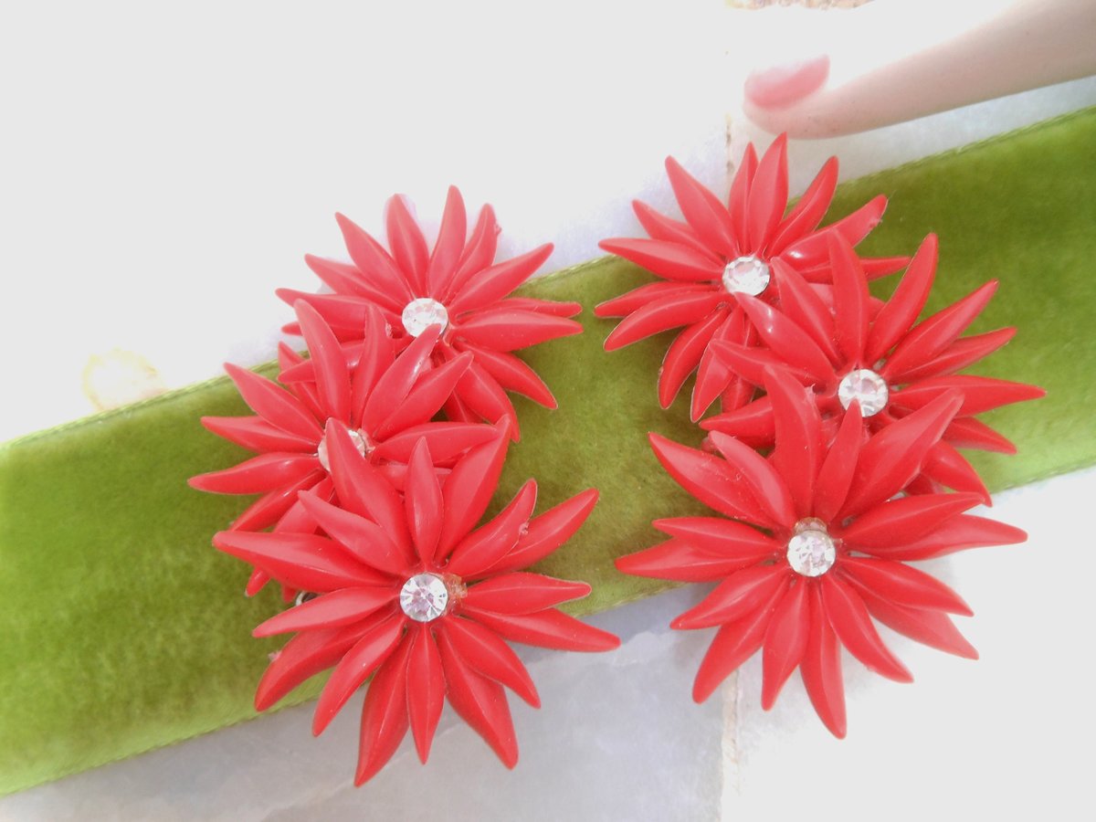 Vintage Red Celluloid Earrings Plastic Ear Climbers Clip On Rhinestone Kitsch Retro Pin Up Jewelry Gift Mid Century, VivianJoel.com