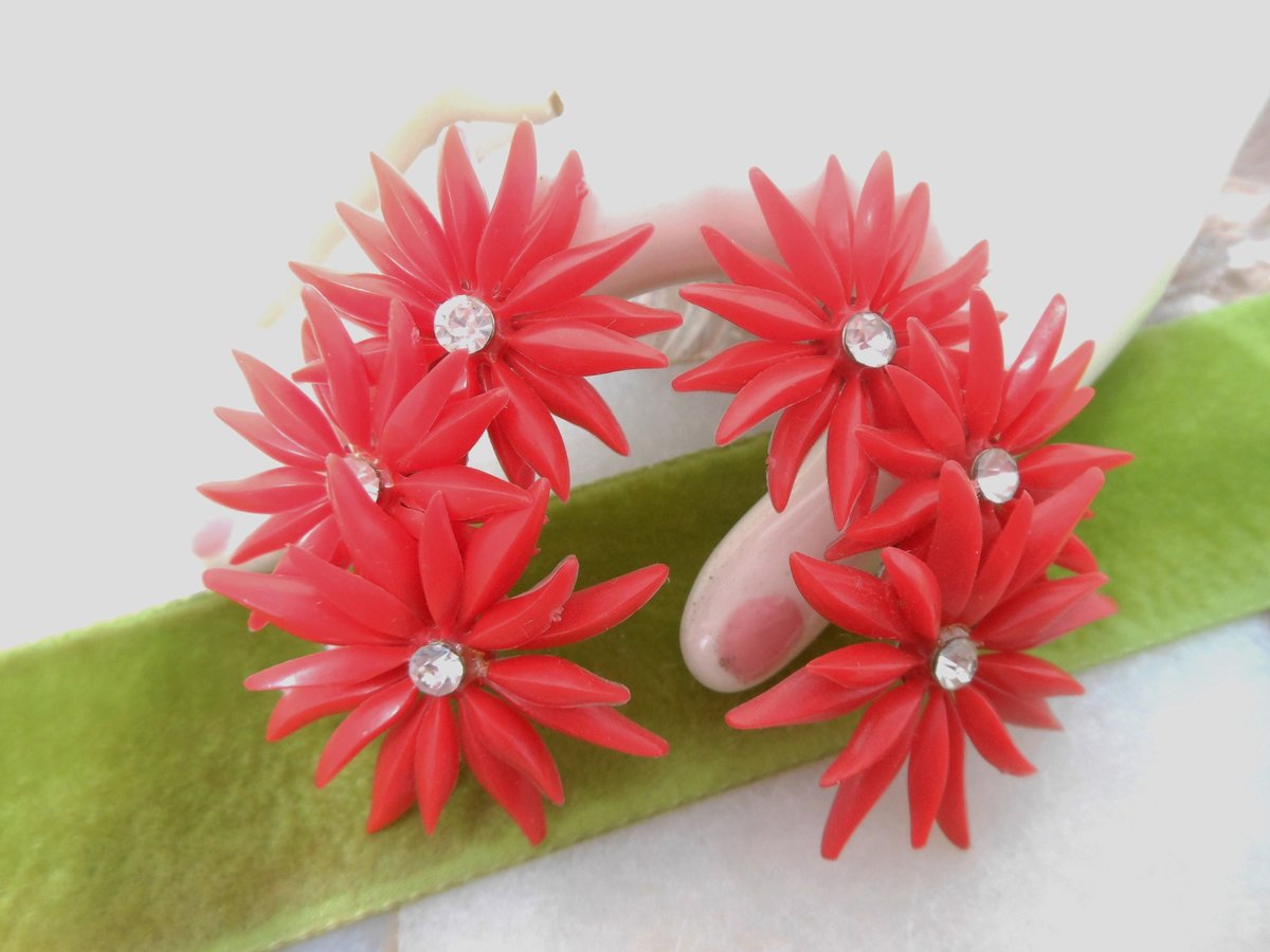 Vintage Red Celluloid Earrings Plastic Ear Climbers Clip On Rhinestone Kitsch Retro Pin Up Jewelry Gift Mid Century, VivianJoel.com