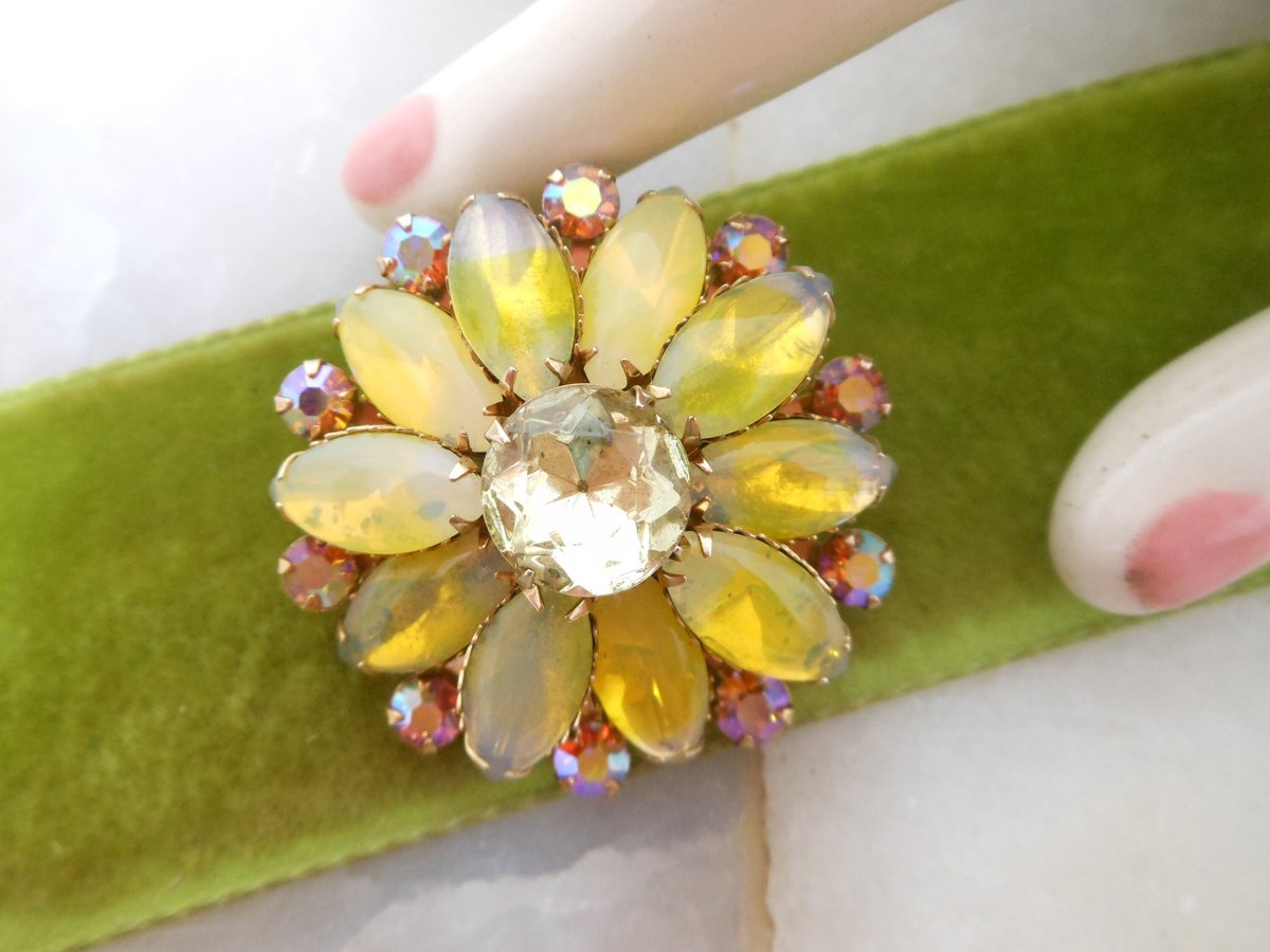 Vintage Sabrina Glass Brooch Yellow Flower Pin Rhinestone Pink Aurora Borealis Givre Starburst Jewelry Gift Mid Century, VivianJoel.com