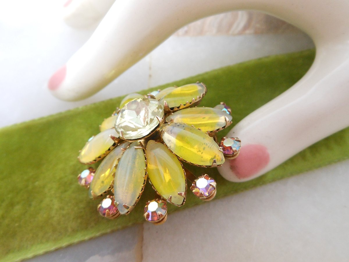 Vintage Sabrina Glass Brooch Yellow Flower Pin Rhinestone Pink Aurora Borealis Givre Starburst Jewelry Gift Mid Century, VivianJoel.com